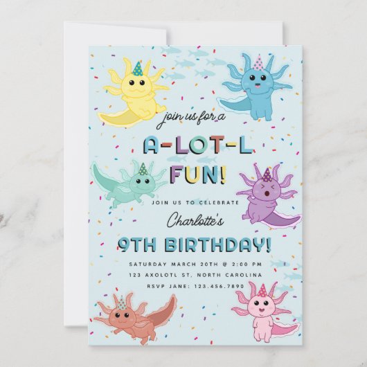 アクソロトルキッズキュートサラマンダーブルーバースデーパーティー 招待状 (正面)