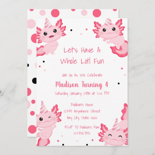 アクソロトルピンクガールアロトルおもしろい誕生日パーティー 招待状 (正面/裏面)