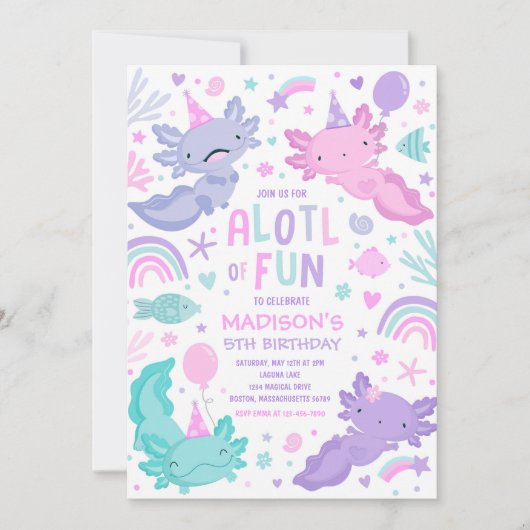 アクソロトルピンクガールパーティーアロトルおもしろい誕生日パーティー 招待状 (正面)