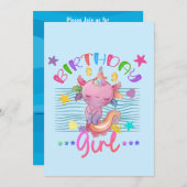 アクソロトルユニコーン誕生日ガールパーティーカラフルテーマ 招待状 (正面/裏面)