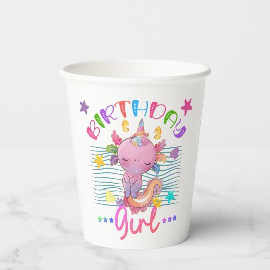 アクソロトルユニコーン誕生日ガールパーティーカラフルテーマ 紙コップ (裏面)