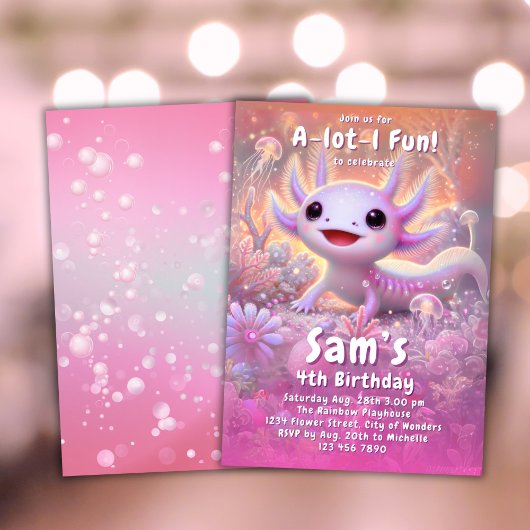 アクソロトル誕生日招待状ガールズピンクアクソロトル 招待状