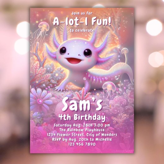 アクソロトル誕生日招待状ガールズピンクアクソロトル 招待状