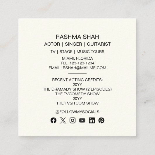 アクターミュージシャンエンターテイメントプロフェッショナル写真 スクエア名刺 (裏面)