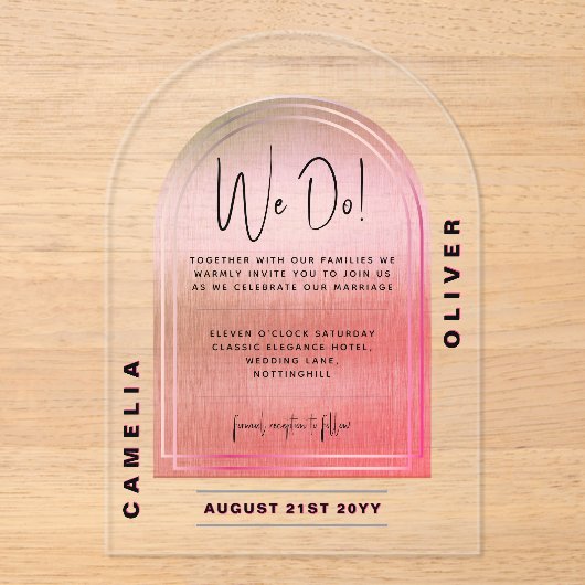 アクリモダンルピンクローズはっきりしたミニマ結婚リスト アクリル招待状 (正面)