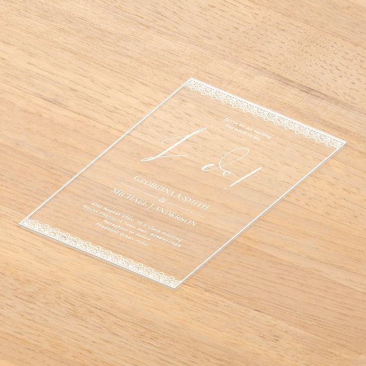 アクリルの結婚式が白い文字レースを招モダンく アクリル招待状 (レイダウン)