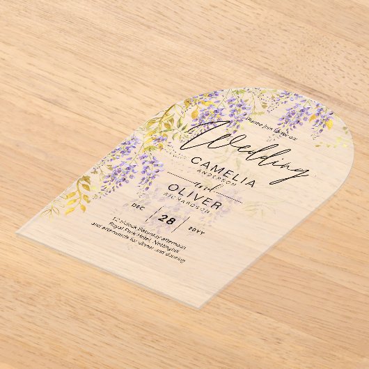 アクリルの結婚式が藤の紫を招くフローラ アクリル招待状 (レイダウン)