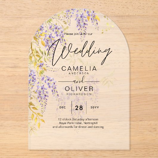 アクリルの結婚式が藤の紫を招くフローラ アクリル招待状 (正面)