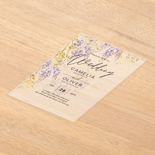 アクリルの結婚式が藤の紫を招くフローラ アクリル招待状 (レイダウン)
