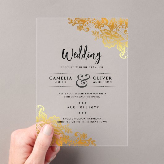 アクリルウェディングエレガントで金ゴールドレース アクリル招待状 (インサイチュ (ポータブル))