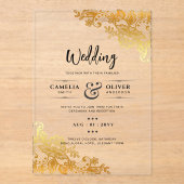 アクリルウェディングエレガントで金ゴールドレース アクリル招待状 (正面)