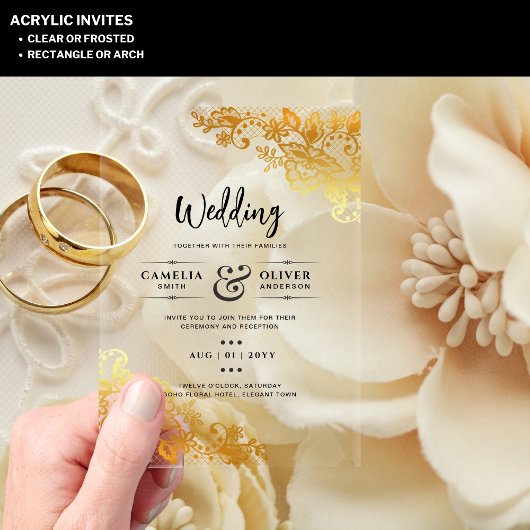 アクリルウェディングエレガントで金ゴールドレース アクリル招待状