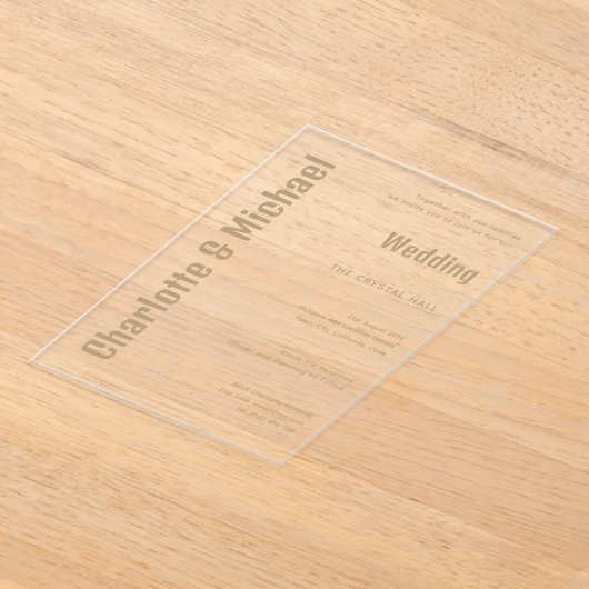 アクリルウェディング招き金ゴールドはっきりした文字モダン アクリル招待状 (レイダウン)