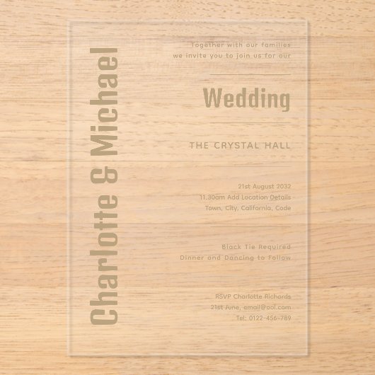 アクリルウェディング招き金ゴールドはっきりした文字モダン アクリル招待状 (正面)