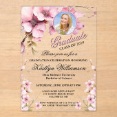 アクリルエレガントフローラピンク写真卒業パーティー アクリル招待状 (正面)