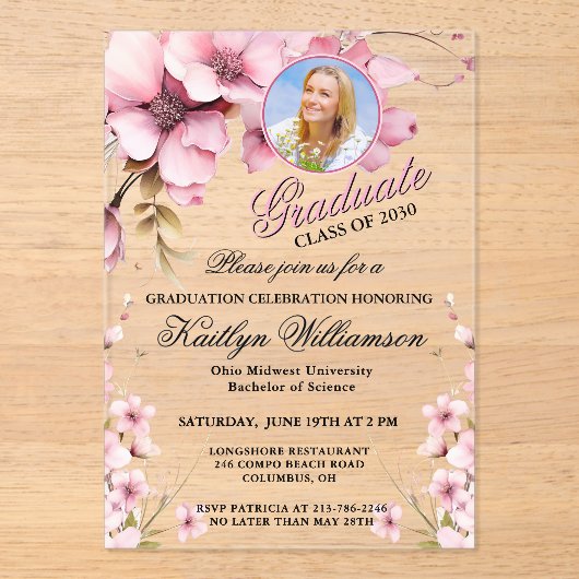 アクリルエレガントフローラピンク写真卒業パーティー アクリル招待状 (正面)
