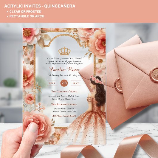 アクリルキンセアニェラバラ金ゴールドピンクドレスティアラ アクリル招待状