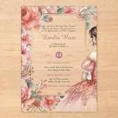 アクリルキンセアニェラバラ金ゴールドピンクドレスティアラ アクリル招待状 (正面)