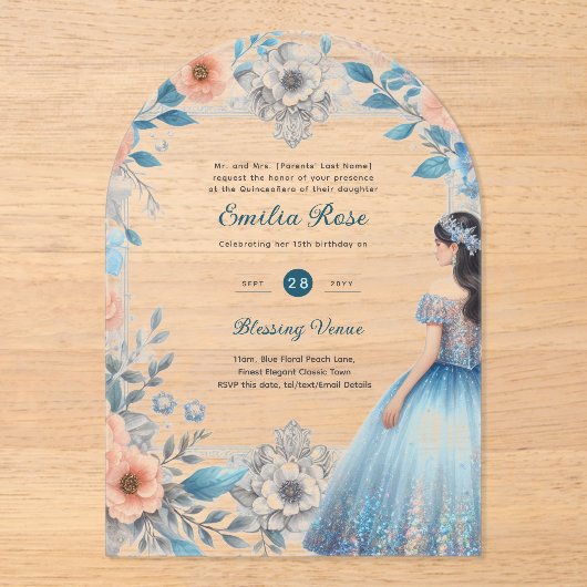 アクリルキンセアニラブルーシルバーピーチドレスフローラ アクリル招待状 (正面)