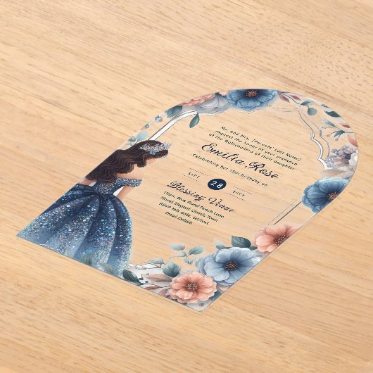 アクリルキンセアニラブルーシルバーピーチドレスフローラ アクリル招待状 (レイダウン)