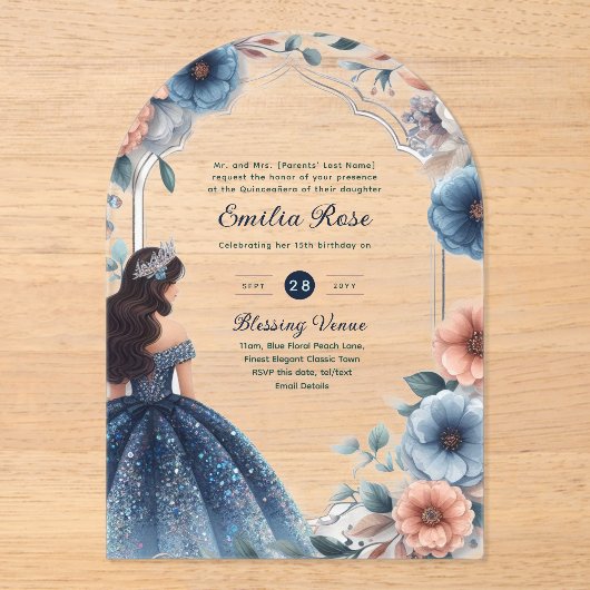 アクリルキンセアニラブルーシルバーピーチドレスフローラ アクリル招待状 (正面)