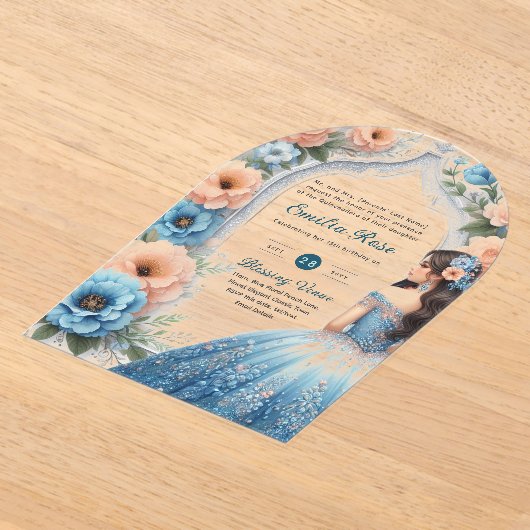アクリルキンセアニラブルーシルバーピーチドレスフローラ アクリル招待状 (レイダウン)