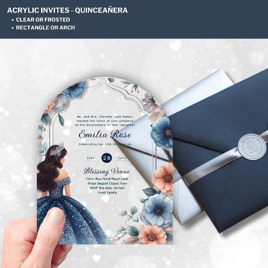 アクリルキンセアニラブルーシルバーピーチドレスフローラ アクリル招待状
