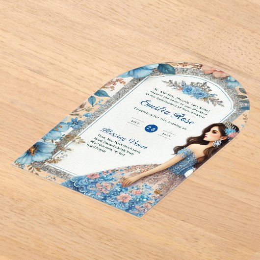アクリルキンセアニラブルーシルバーピーチドレスフローラ アクリル招待状 (レイダウン)