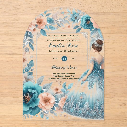 アクリルキンセアニラブルーシルバーピーチドレスフローラ アクリル招待状 (正面)