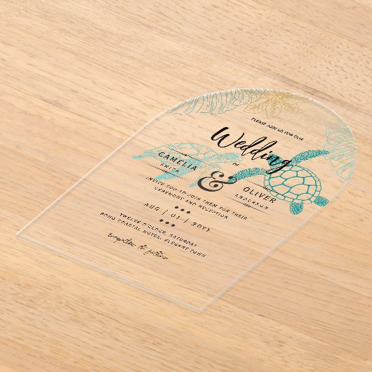 アクリルデスティネーションウェディングビーチウミガメ アクリル招待状 (レイダウン)