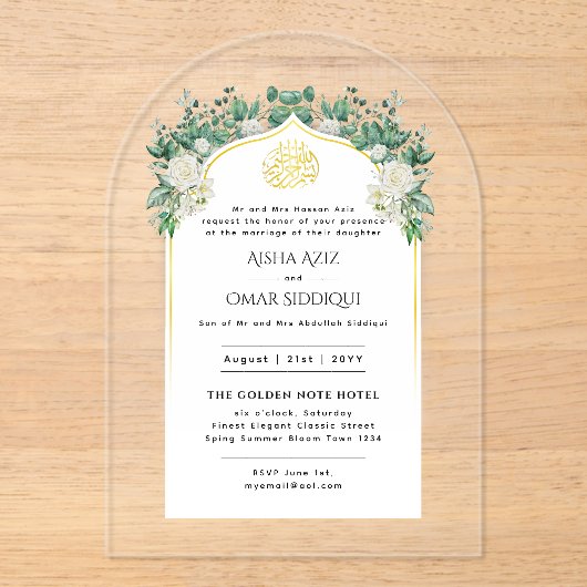 アクリルニカワリマホワイトローズエレガント金ゴールド アクリル招待状 (正面)