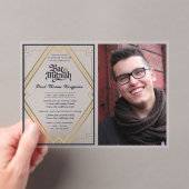 アクリルバー(ユダヤ教の)バル・ミツバーフォトネイビーエレガント金ゴールド アクリル招待状 (インサイチュ (ポータブル))