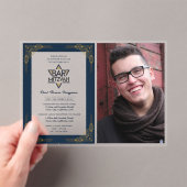 アクリルバー(ユダヤ教の)バル・ミツバーフォトブルー金ゴールドエレガントモダン アクリル招待状 (インサイチュ (ポータブル))