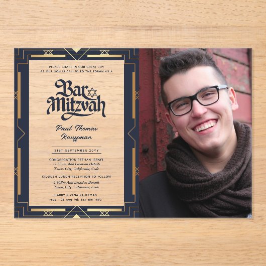 アクリルバー(ユダヤ教の)バル・ミツバーフォトブルー金ゴールド エレガント アクリル招待状 (正面)