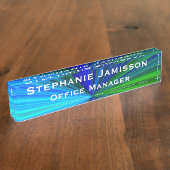 アクリルブルーとグリーンのスターバスト名とタイトル デスクネームプレート (側面)