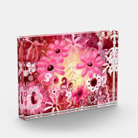アクリルブロック – お洒落フローラ抽象芸術ピンク赤 フォトブロック (左)