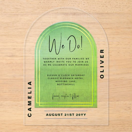 アクリルモダンライムグリーンはっきりしたミニマ結婚リスト アクリル招待状 (正面)