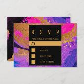 アクリルモダン絵を描パープルピンク金ゴールド結婚ズ 出欠カード (正面/裏面)