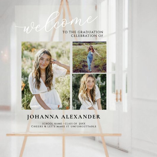 アクリルモダン3枚の写真の卒業へようこそ アクリルサイン