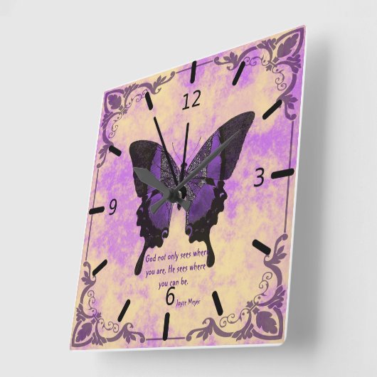 アクリル壁時計紫/黒バタフライことわざ スクエア壁時計 (傾斜)
