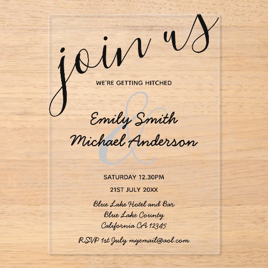 アクリル婚式がブラック文字はっきりしたイニシャル アクリル招待状 (正面)