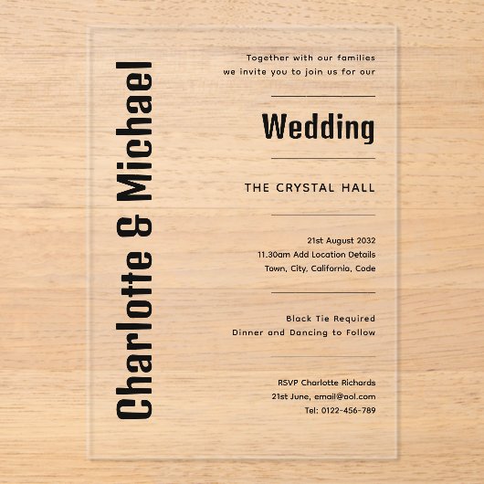 アクリル婚式がブラック文字はっきりしたモダン アクリル招待状 (正面)