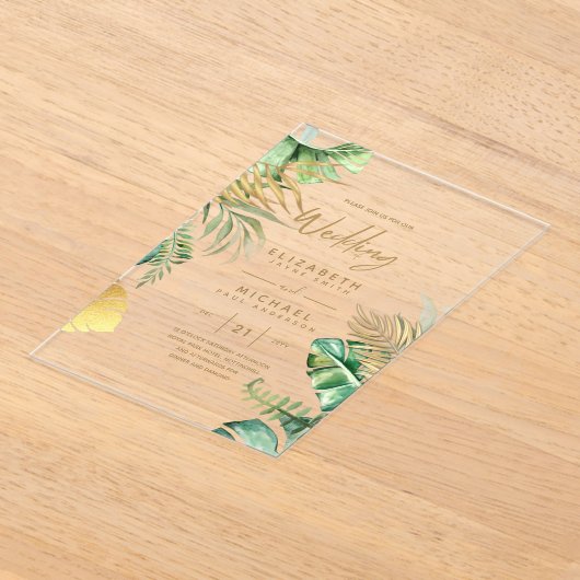 アクリル式がトロピカル金ゴールドリーフビーチを誘う アクリル招待状 (レイダウン)
