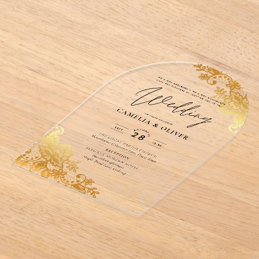 アクリル式の結婚式で金ゴールドレースをエレガント招く アクリル招待状 (レイダウン)