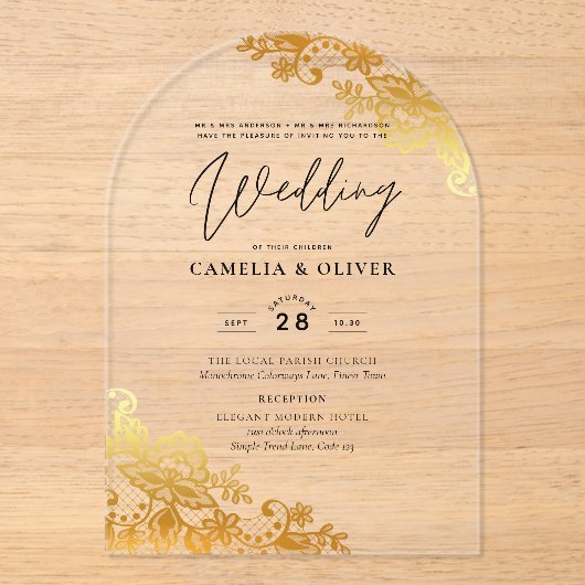 アクリル式の結婚式で金ゴールドレースをエレガント招く アクリル招待状 (正面)