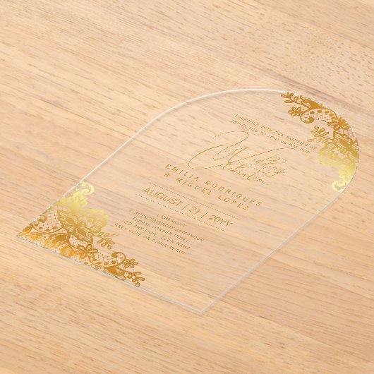 アクリル式の結婚式を招く金ゴールドレース文字 エレガント アクリル招待状 (レイダウン)