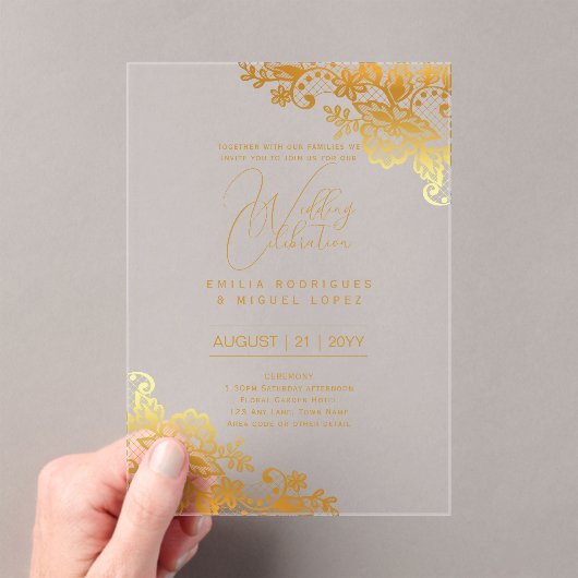 アクリル式の結婚式を招く金ゴールドレース文字 エレガント アクリル招待状 (インサイチュ (ポータブル))
