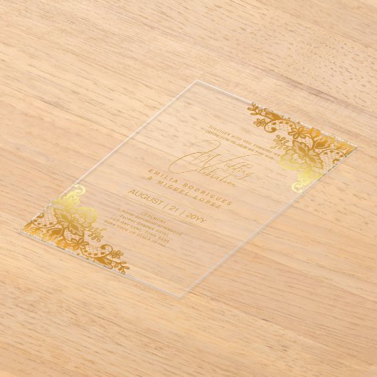 アクリル式の結婚式を招く金ゴールドレース文字 エレガント アクリル招待状 (レイダウン)
