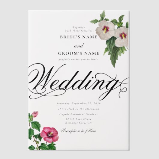 アクリル澄ん系熱帯ハイビ結婚スカス ベラム紙招待状 (正面)