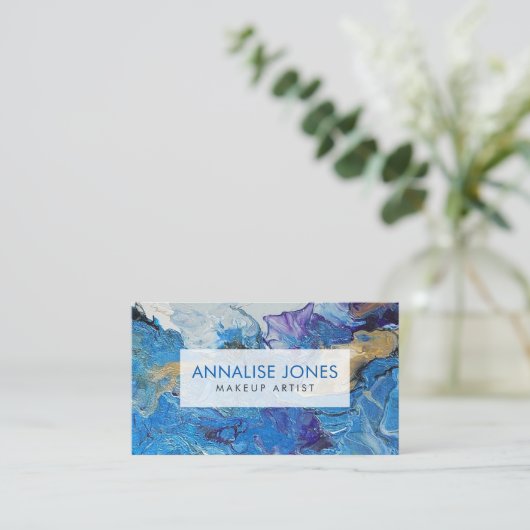 アクリル系流動抽象芸術ブルースと金ゴールド 名刺 (スタンド正面)